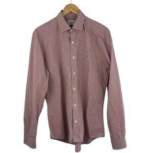 Lacoste Men's Pink White Gingham Check Button Up Long Sleeve Dress Shirt EU 42
